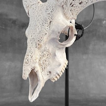 Vyrezávaná lebka barana na kovovom stojane - motív Infinity - 7