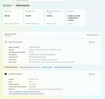 PC zostava Intel I3 3,7Ghz, 8GB RAM, SSD 256, HDD 500 - 7