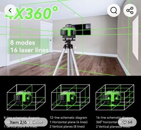 Nivelačný laser tzv. 4D tj 16 líniový so zel lúčom 2x bat - 7