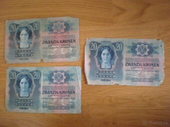 Bankovky 20 korún z roku 1913; 5 korún z roku 1919 - 7