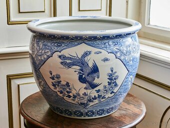 Čínský ručně malovaný porcelánový květináč – kobaltová modř, - 7