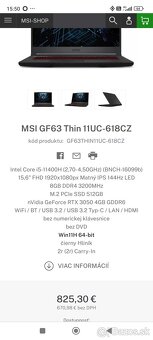 Herný notebook MSI GF63 Thin 11UC-618CZ - 7