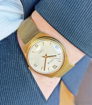 Československé mechanické vintage pánske hodinky PRIM Zlaté - 7