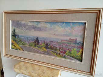 Krásny starý slovenský obraz - Výhľad na Bratislavu 88x48 cm - 7