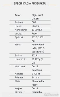 Zlatá minca 10000 Kč 2019 100. výročie Československej meny - 7