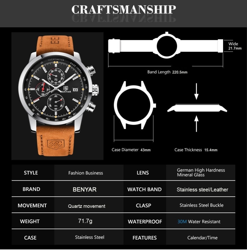 Predám štýlové pánske hodinky BENYAR watch 5102 Style - 8