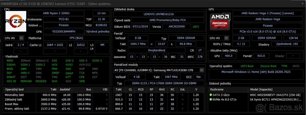 Lenovo V155-15API /AMD Ryzen 3-3200U/8GB RAM/FHD/SSD+HDD - 8