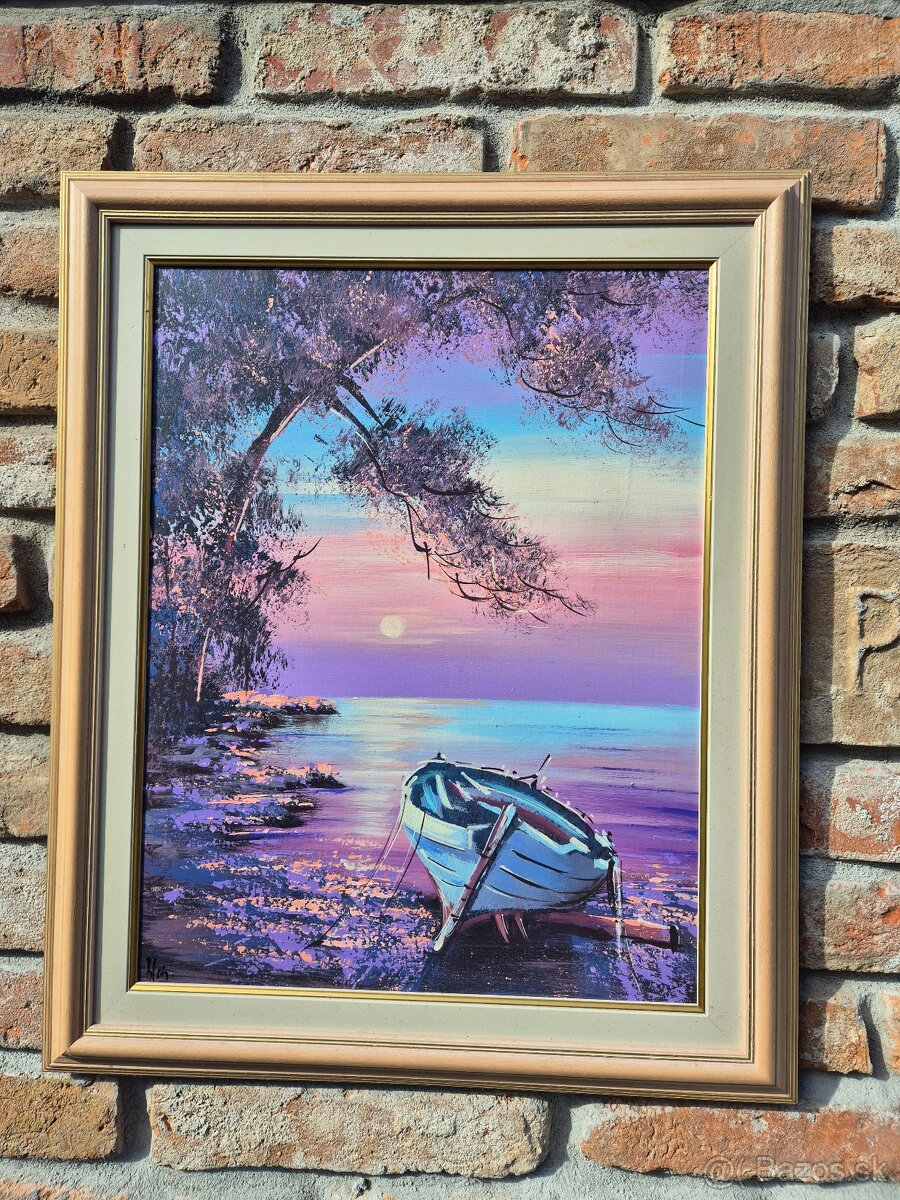 Platno,zatisie na mori s lodkou- olej na platne, Chorvatsko - 8