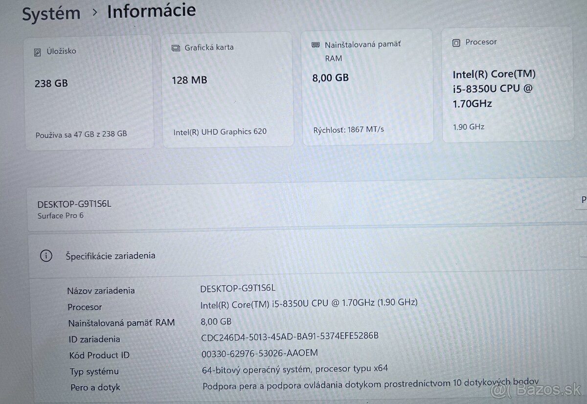 Microsoft Surface Pro 6 / i5 8350U / 8GB RAM / 256GB / 12" - 8