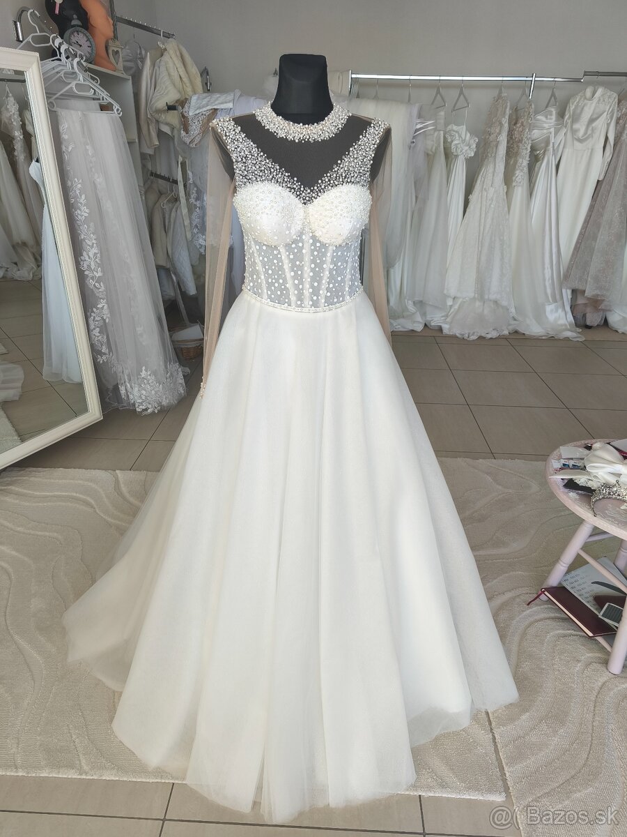 Predám perličkove svadobné šaty s jemné trblietavou sukÚPLNE - 8
