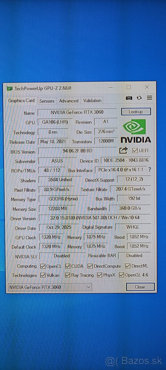 Predám grafickú kartu ASUS TUF Gaming RTX 3060 12gb OC - 8