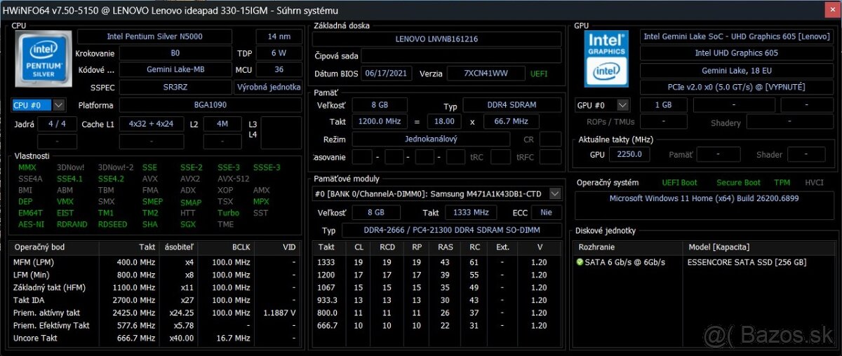 Lenovo IP 330 /Pentium N5000/8GB RAM/FHD/256GB SSD/Nova bat - 8