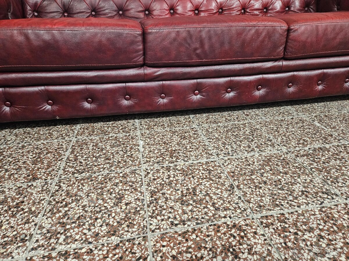 CHESTERFIELD ŠTÝL,BORDOVOČERVENÁ KOŽENÁ SEDAČKA 3+1+1 - 8