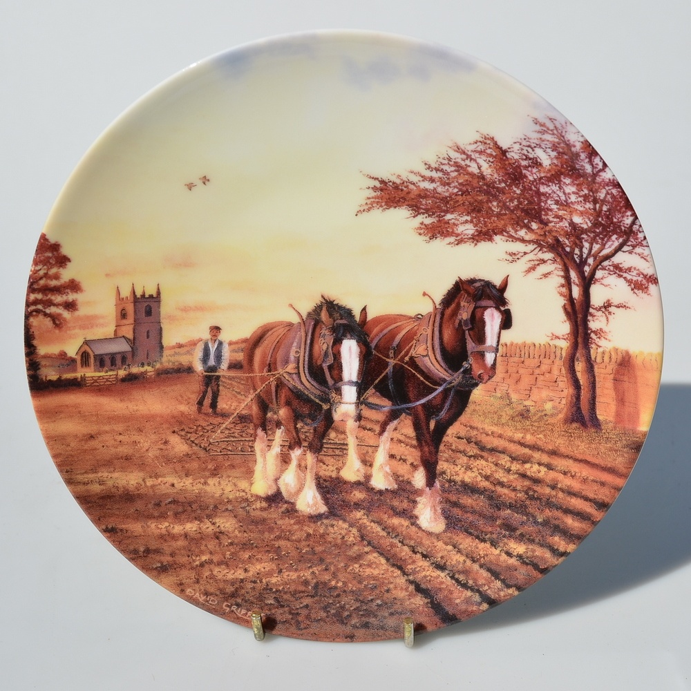 4 porcelánové taniere z 1 sady - Práca na poli s koňmi - 8