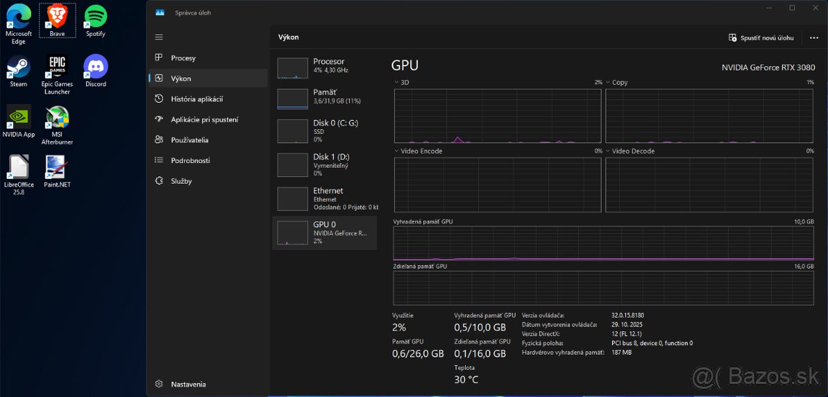 Herný/Pracovný PC AMD Ryzen 7 RTX 3080 32 GB Ram - 8
