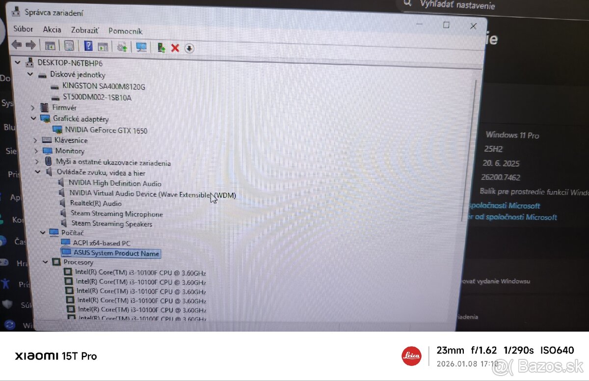 Predám herné PC Intel i3-10100F /8 GB RAM/ Nvidia GTX 1650 - 8