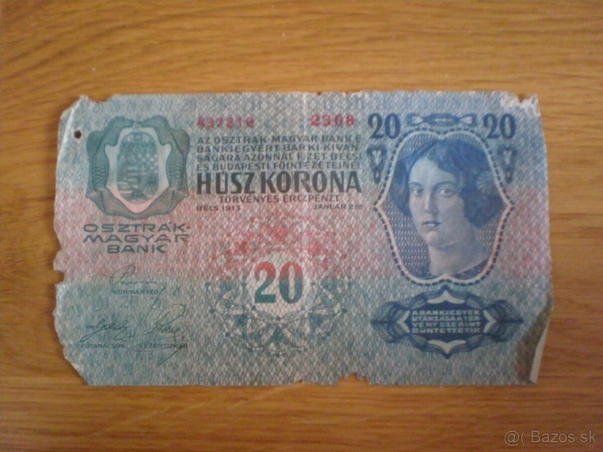 Bankovky 20 korún z roku 1913; 5 korún z roku 1919 - 8