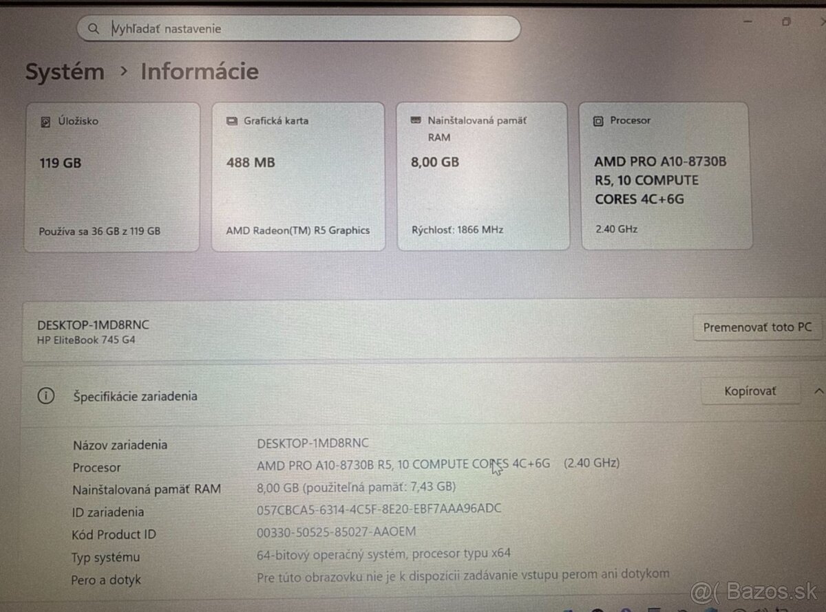 Notebook HP EliteBook 745 G4, A10, SSD 120 GB, 8 GB RAM - 8