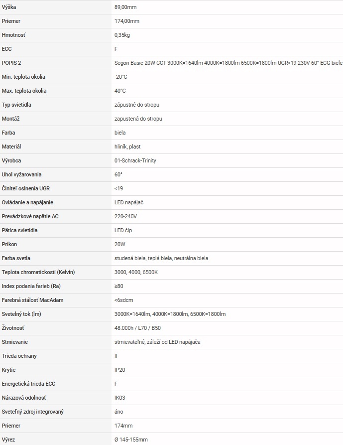 LIIM0011-A Segon Basic 20W CCT 3K 4K 6K UGR 19 230V 60° ECG - 8