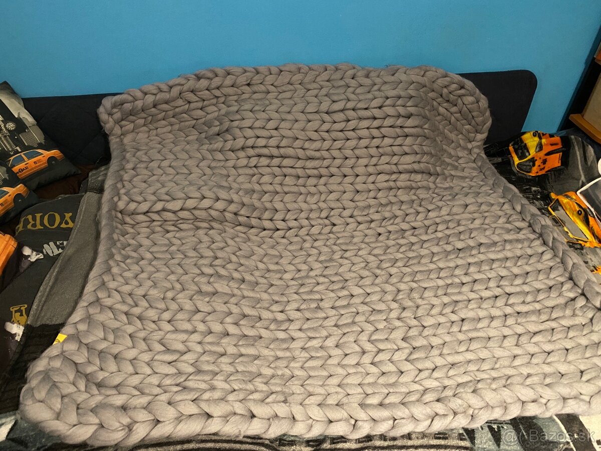 Ručne pletená deka z hrubej vlny – nová, sivá farba - 8