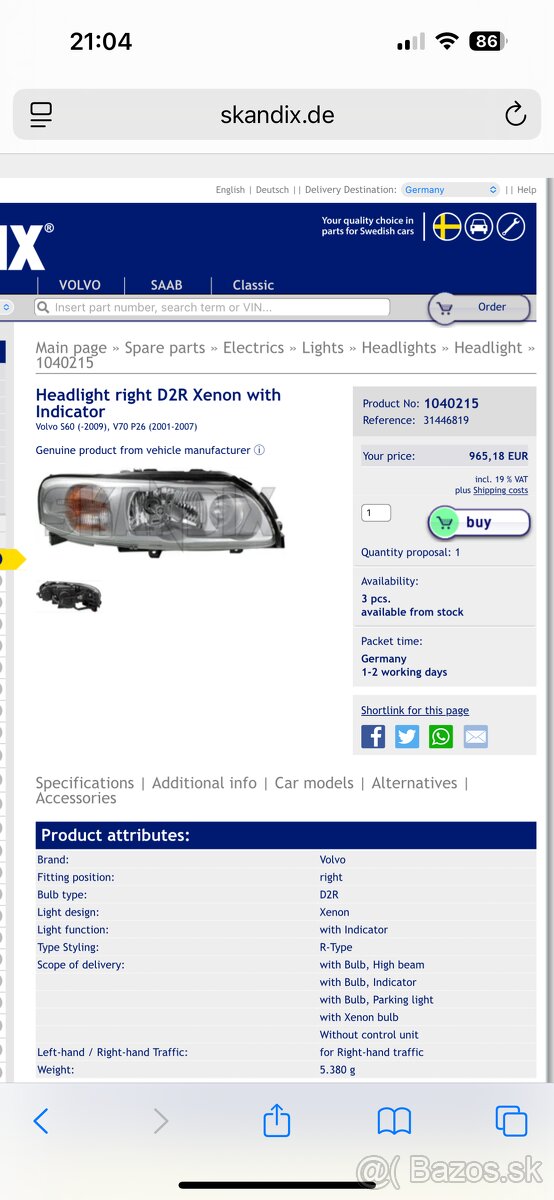 Predam Xenony Volvo V70, XC70, S60…R type - 8