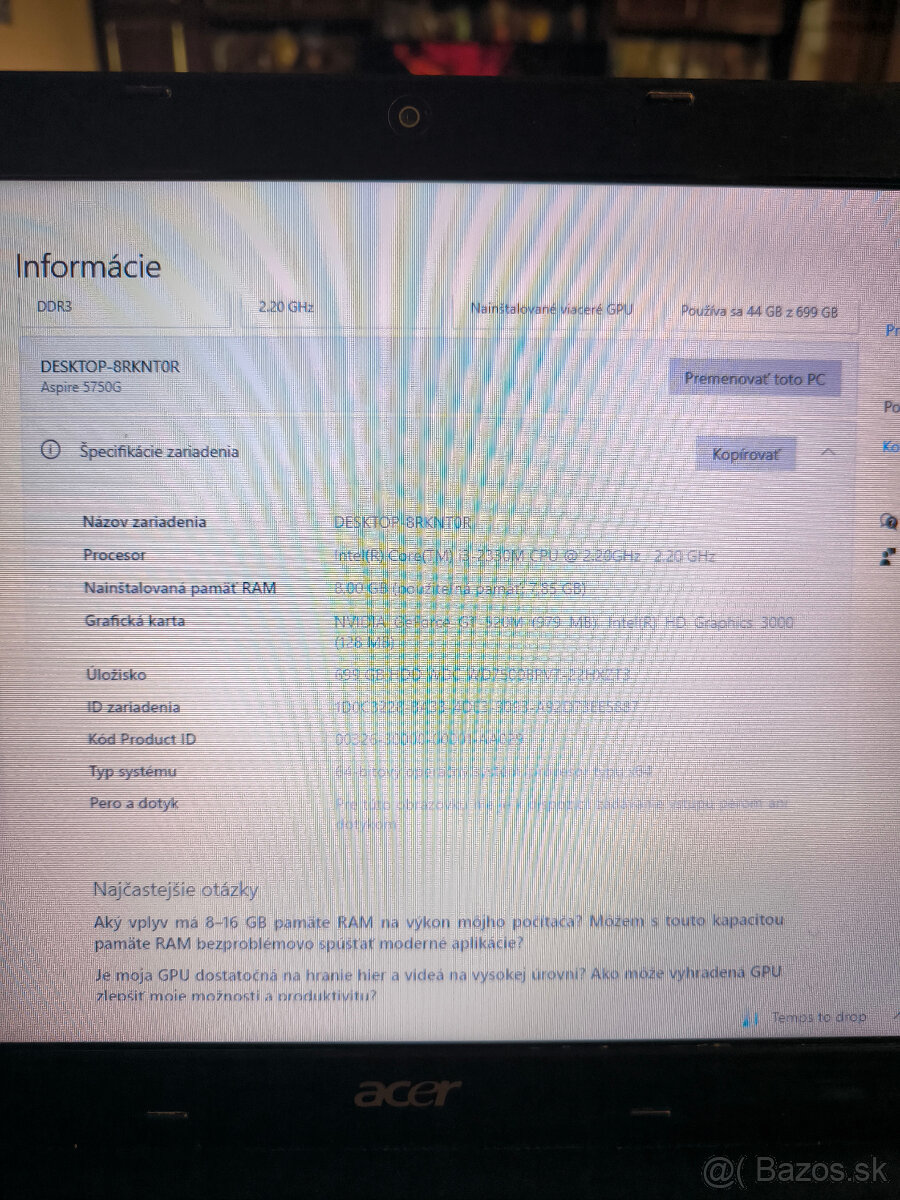 Predám výborný notebook Acer 5750G - 8