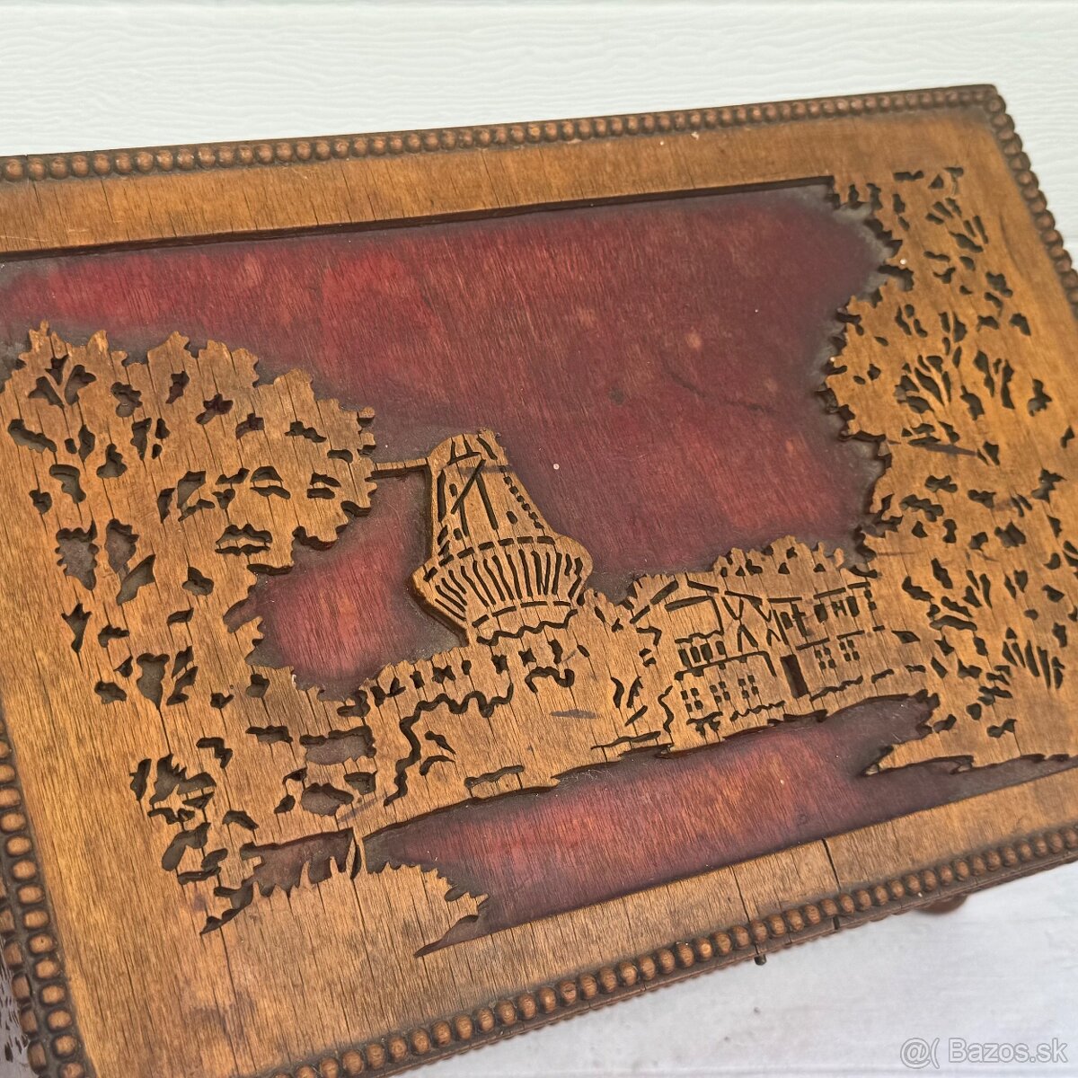 Starožitná velká dřevěná truhla na šití - 8