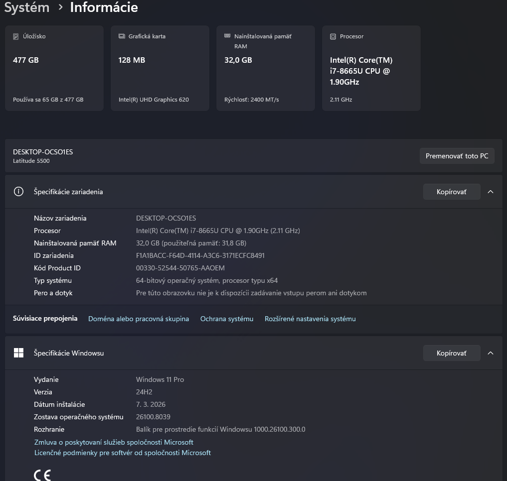 Notebook Dell Latitude 5500 - 15.6" / i7 8665u / 32GB DDR4 - 8