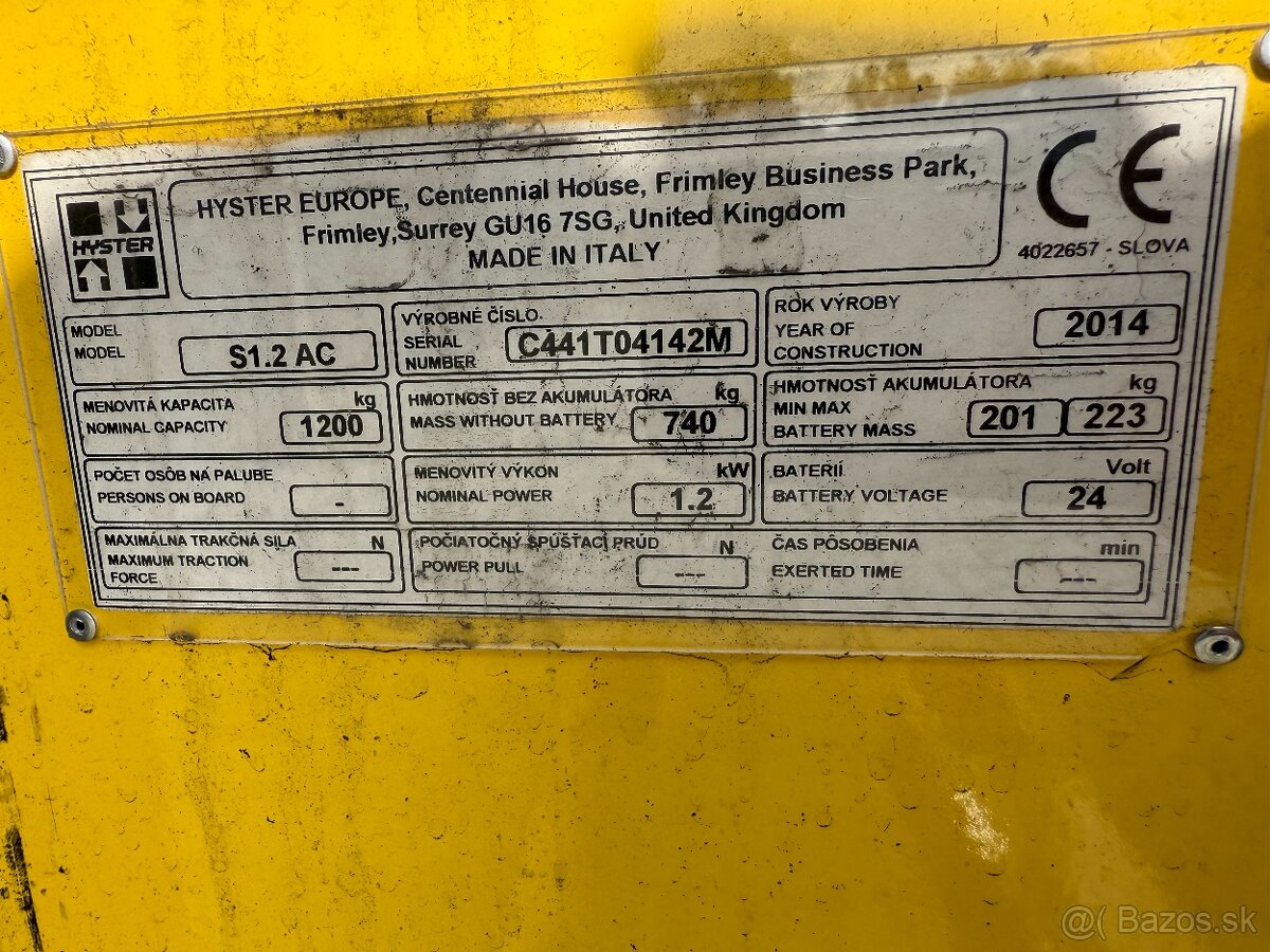 Ručný vysokozdvižný vozík Hyster S1.2AC 2014 triplex 3.8m - 8