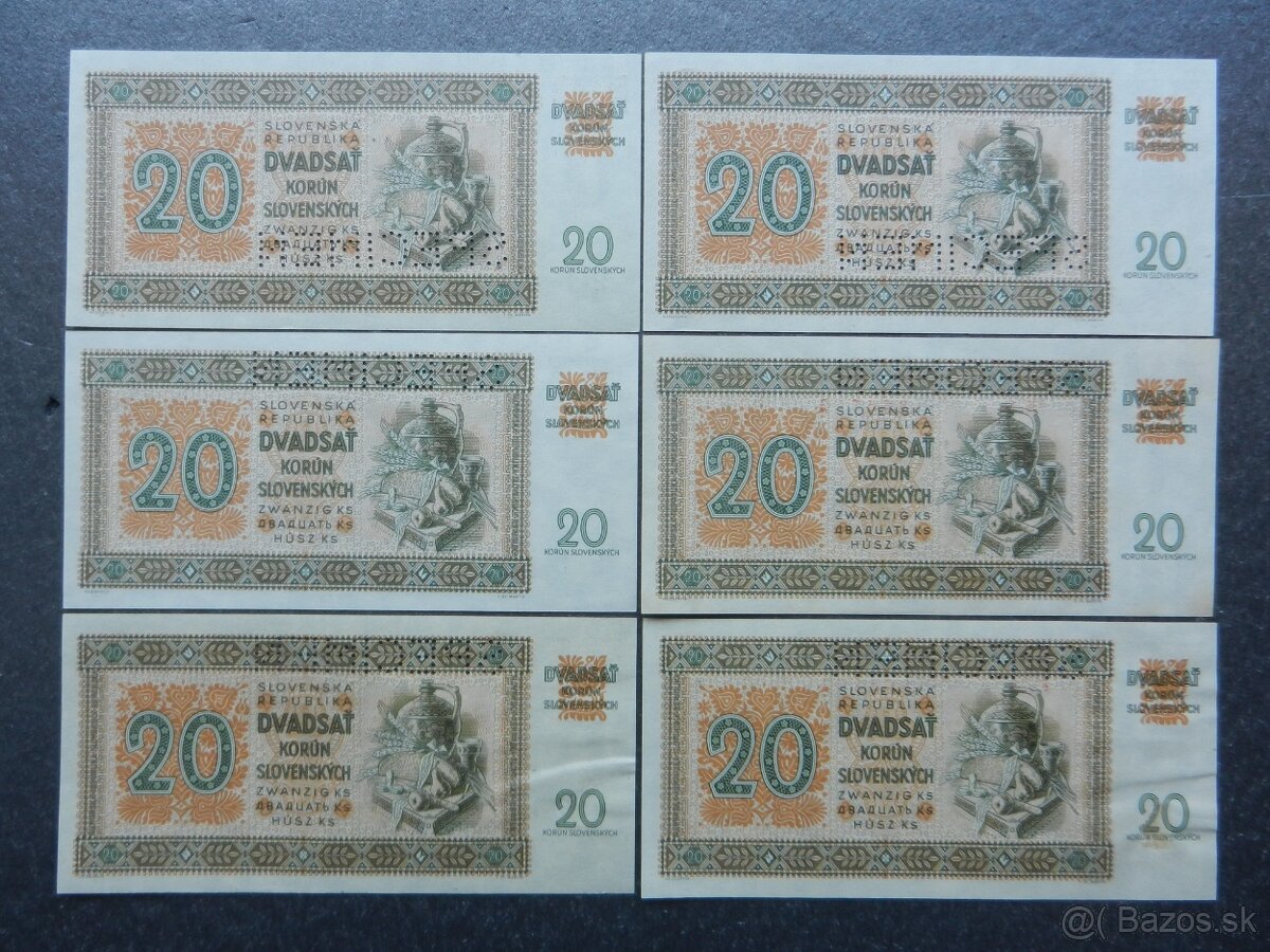 Bankovky slovenský štát nep. a perf. 6 - 8