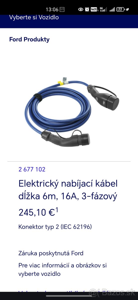 Nabijacka pre elektromobily Ford 3fazy, 16A, 6 m - 8