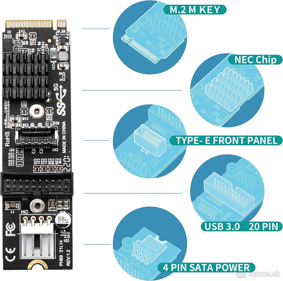 5× M.2 M‑Key to USB‑C / USB‑A interný adaptér - 8