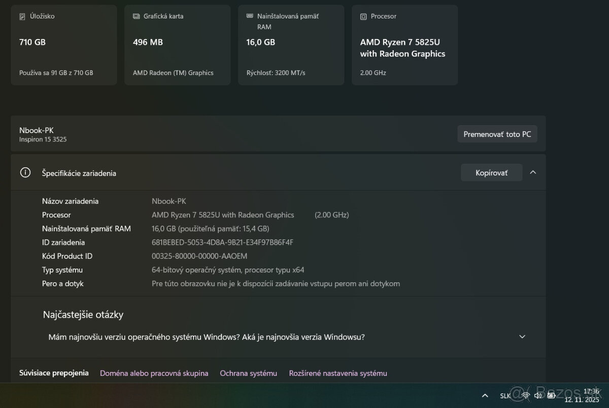 DELL Inspiron 15 - Ryzen 5825U, 16GB RAM, 512 NVMe + 256 SSD - 8