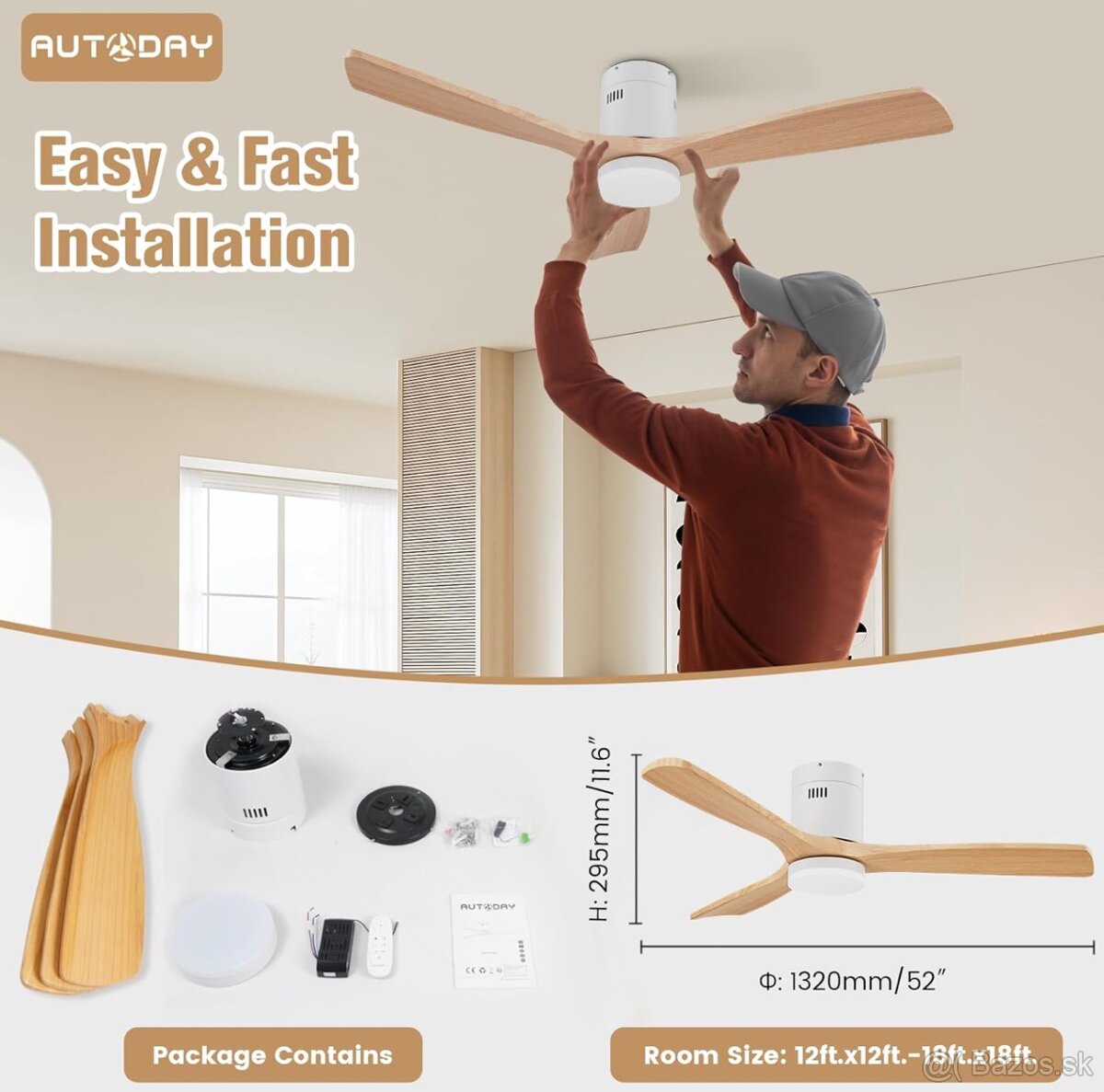 Stropný ventilátor biely s drevom 132 cm vrátane LED - 8