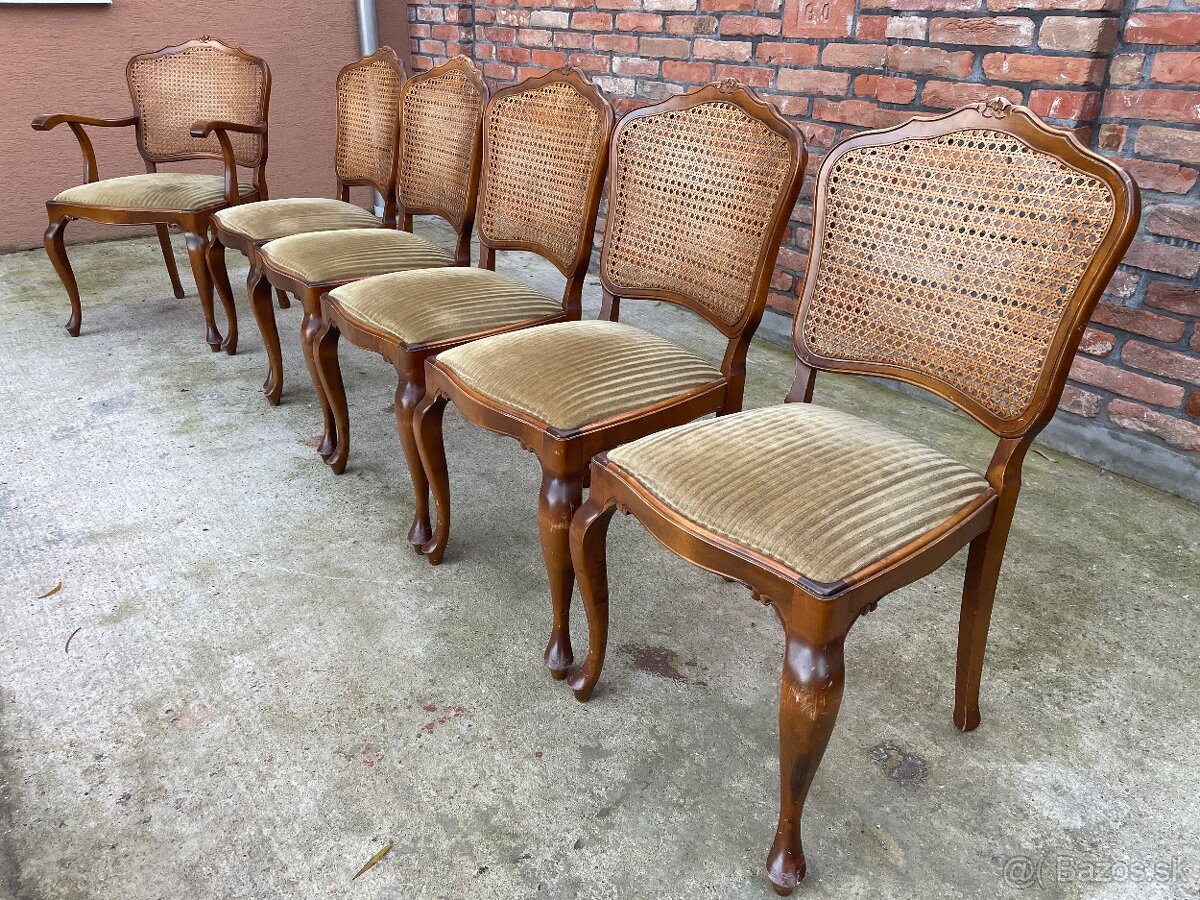 Vintage jedálenské stoličky – masívne drevo, ratanový výplet - 8