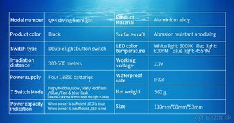 Výkonná podvodná LED baterka,vodotesná IPX-8,80m,Red,Blue,Wh - 8