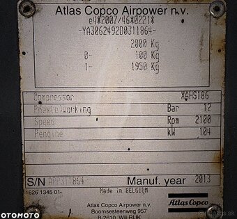 Skrutkový kompresor Atlas Copco XAHS 186 11 m3. Dovezený z N - 8