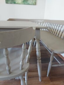 Rohová drevená lavica, stôl a 2 stoličky Retro, Zľa/ Vintage - 8