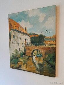 Obraz olejomaľba - Vidiecky dom s mostom - rieka - 8
