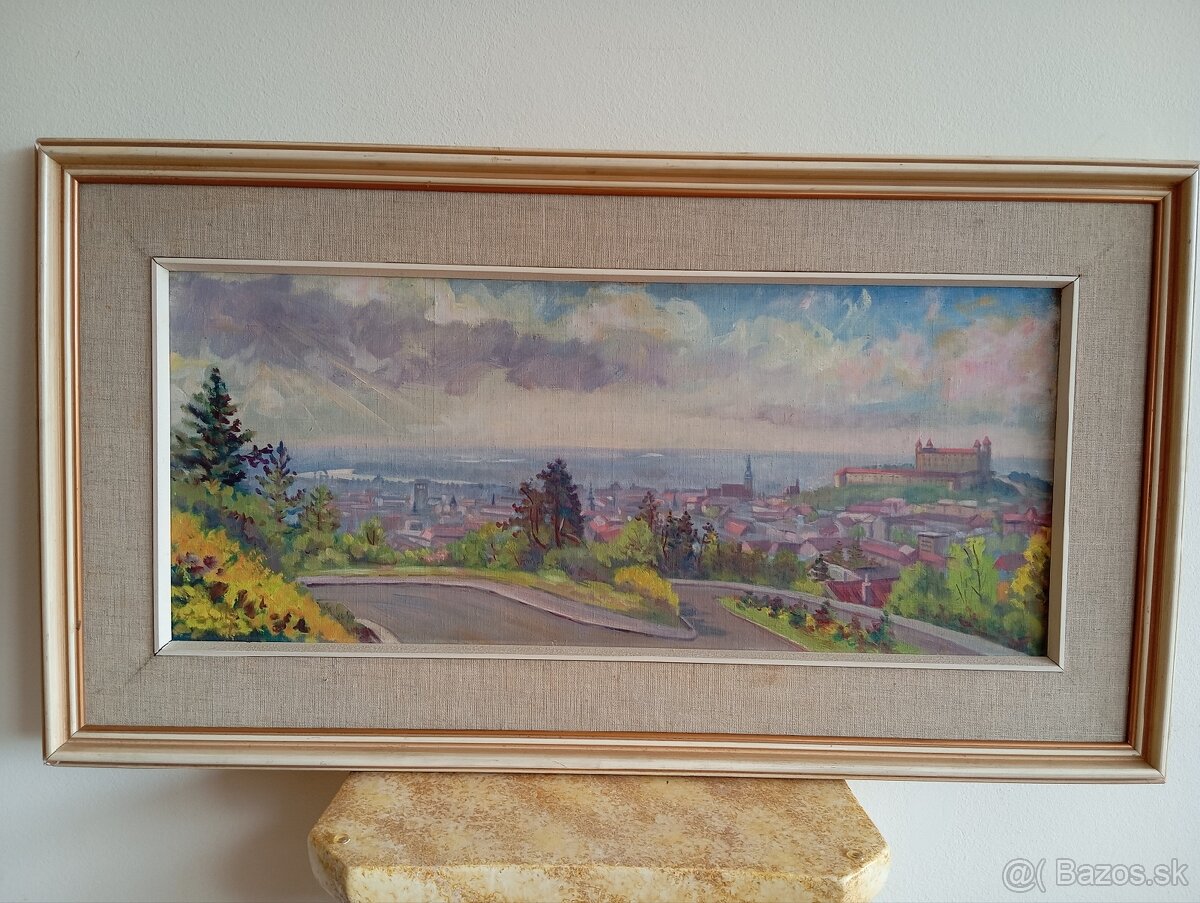 Krásny starý slovenský obraz - Výhľad na Bratislavu 88x48 cm - 9