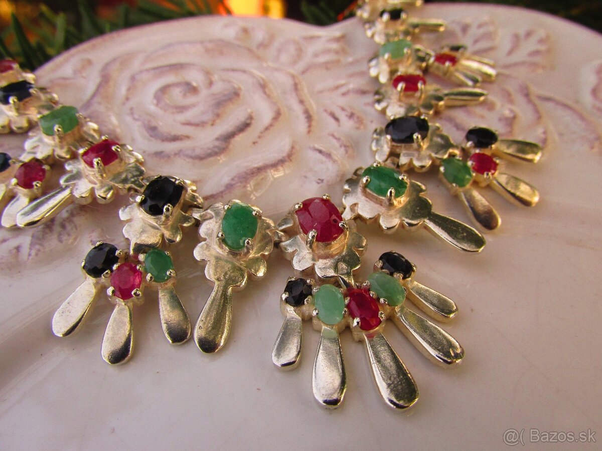 Strieborný náhrdelník, Rubín, Zafír, Smaragd, Ag 925 - 9