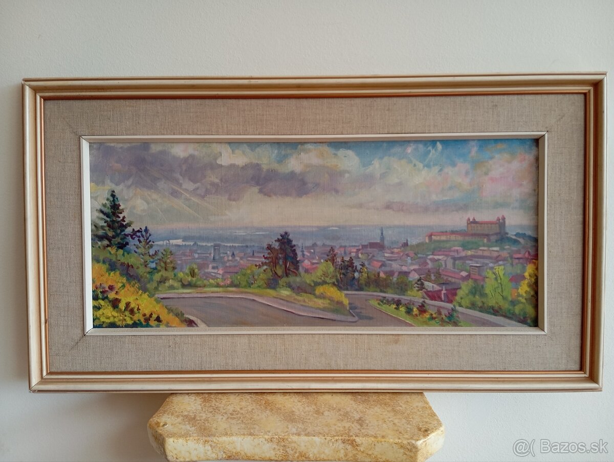 Krásny starý maľovaný slovenský obraz - Bratislava 88x48 cm - 9
