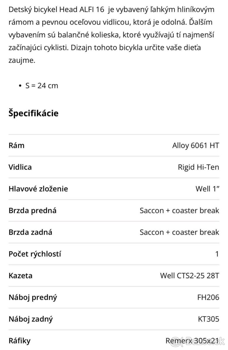 DETSKÝ BICYKEL HEAD “16” - t. č. 0907 240 930 - 9