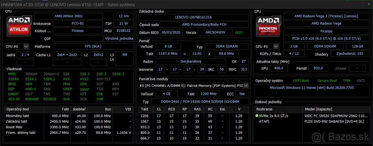 Lenovo V155-15API /AMD Athlon 300U/8GB RAM/FHD/256GB SSD/_2 - 9