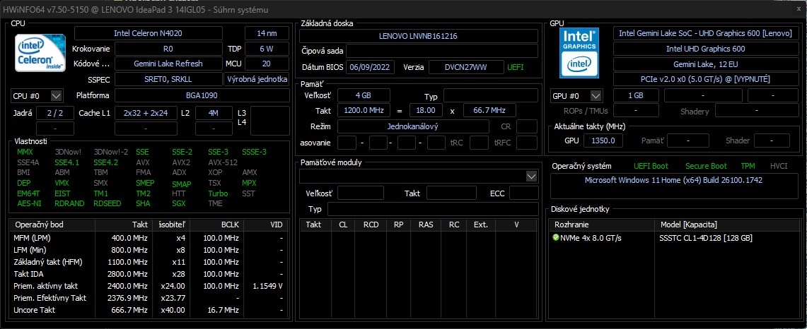 Lenovo Ideapad 3 Slim /N4020/4GB RAM/FHD/128GB SSD/Bat ok - 9