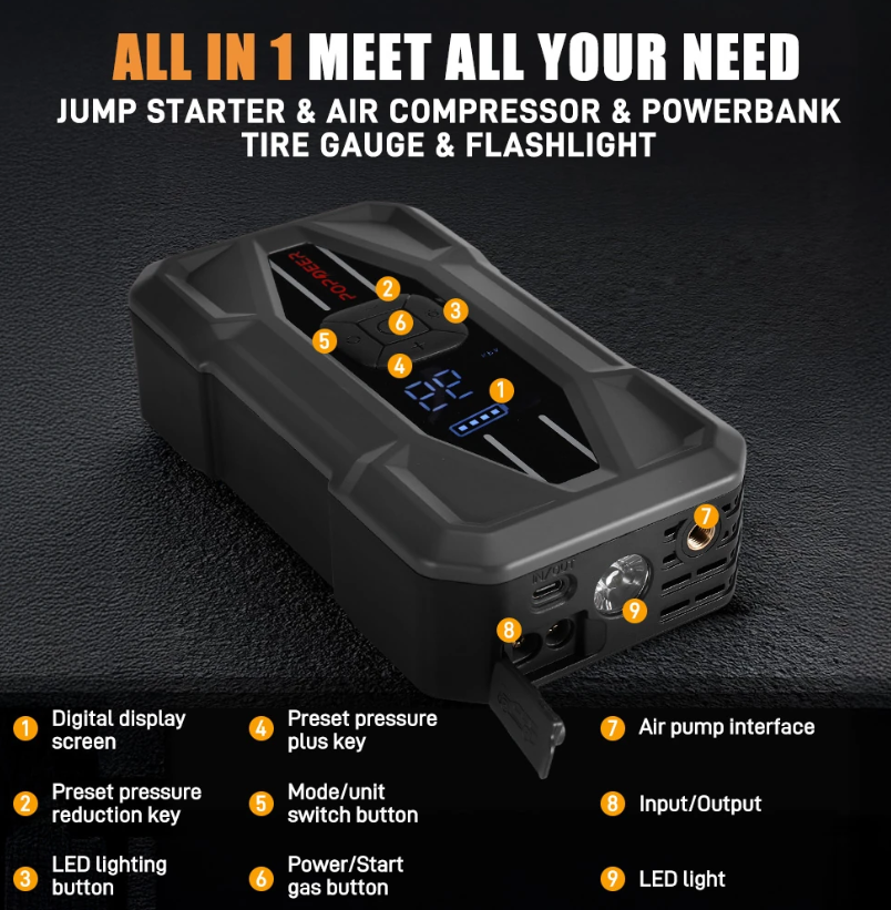 jump starter + kompresor 5000 A Popdeer PD-JA5 QC 30W - 9