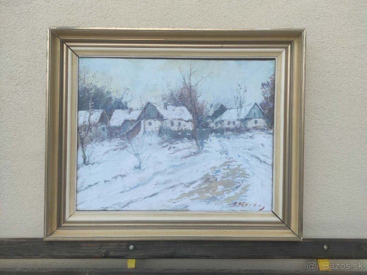 olejomalba , obraz- chalupky v zime. - 9