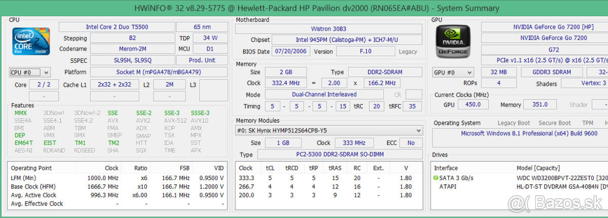 Notebook 14″ HP Pavilion dv2000 2GB RAM/320GB HDD/Win8.1 - 9