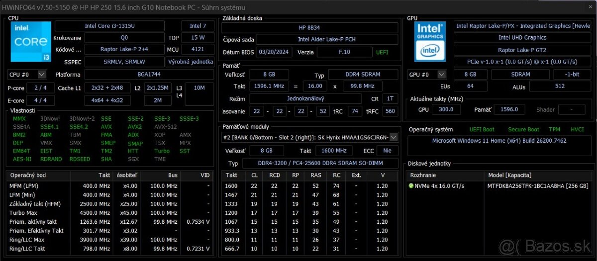 HP 250 G10 /Intel Core i3-1315U/8GB RAM/FHD/256GB SSD/Bat ok - 9