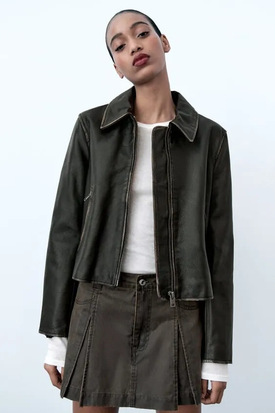 Skrátená kožená bunda ZARA so zničeným efektom. - 9